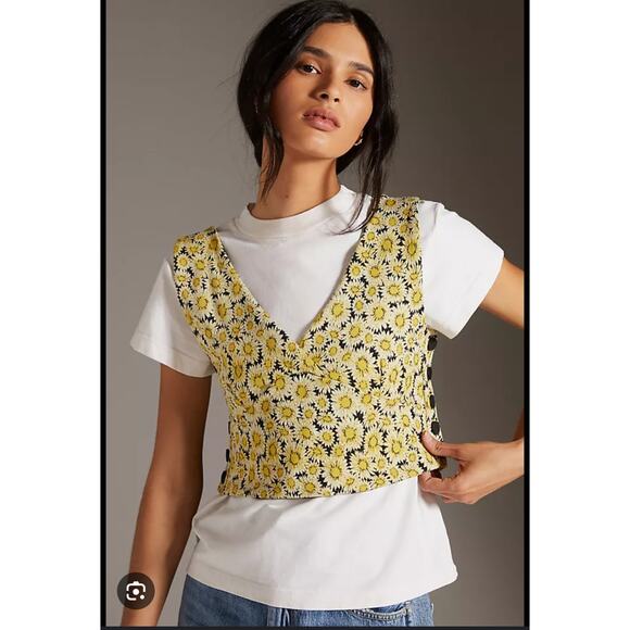 Maeve Tops - Maeve by Anthropologie Sunflower Daisy Jacquard Button Side Crop Top Women’s XXS